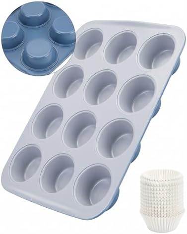 CARTMAN Ceramic Muffin Pan 12 Cup with 200 Cupcake Liners, Non-Stick & Non-Toxic Baking Tin for Healthy Muffins and Cupcakes, Perfect for Home Kitchens and Parties