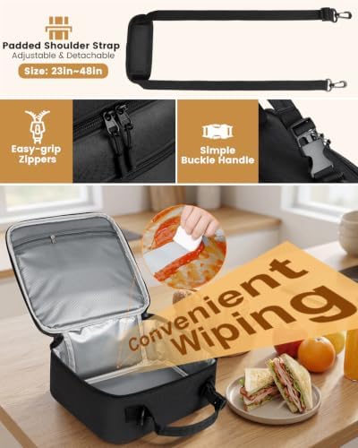 Insulated Lunch Box for Men Small, Black Mens Lunch Bag with Strap