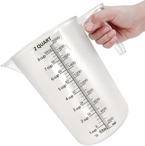 Plastic Measuring Cup with Handle, Pool Chemical Measuring Cup, Measuring Pitcher with Laser-Etched Markings for Liquid Mixing, Pouring, Lawn Care, Motor Oil, Lab Use (64 oz, 2000ml)