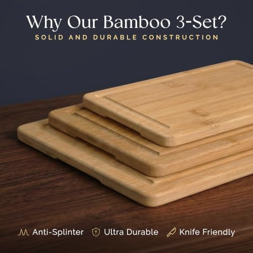 Pre-Oiled, Non Toxic 3-Piece Bamboo Cutting Board Set of 3, Pre-Oiled