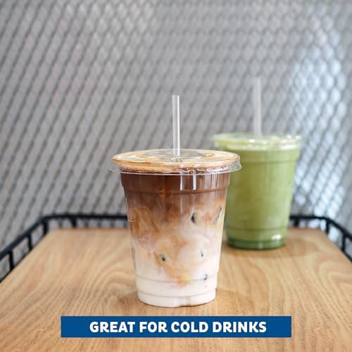 Freshware Clear Plastic Cups with Flat Lids and Straws [100 Cups - 16 oz] Disposable Cup for Iced Coffee, Smoothie, Milkshake, Cold Drinks, Translucent