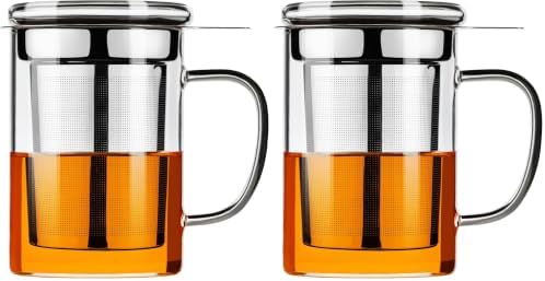PARACITY Tea Cup, Borosilicate Clear Tea Mug with Removable Stainless Steel Infuser and Lid, Tea Cup 15oz/450ml Stove Safe, Glass Teas Cups for Loose Tea, Gift for Family and Friends (Pack of 2)