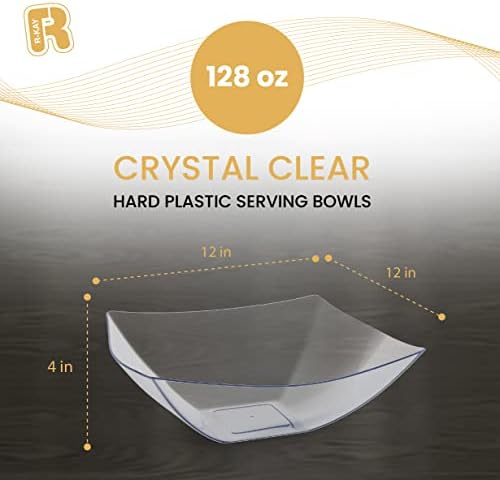 R-kay 6 Pack Extra Large Square Serving Bowl - 128 Ounce Plastic Serving Bowls For Entertaining - Clear Plastic Bowls For Salads And Snacks - Disposable bowls For All Occasions