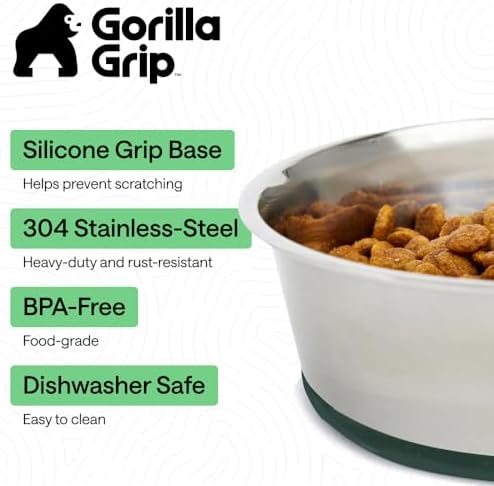 GORILLA GRIP Dog Bowls, Food Grade Stainless Steel, Set of 2, 2 Cup, Green