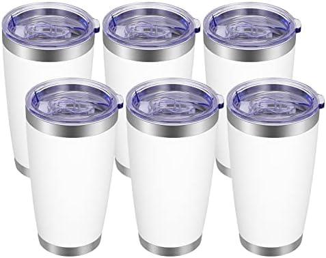 VEGOND 20oz Tumbler with Lid and Straw Stainless Steel Tumbler Cup Bulk Vacuum Insulated Double Wall Travel Coffee Mug Powder Coated Coffee Cup, White, 6 Pack