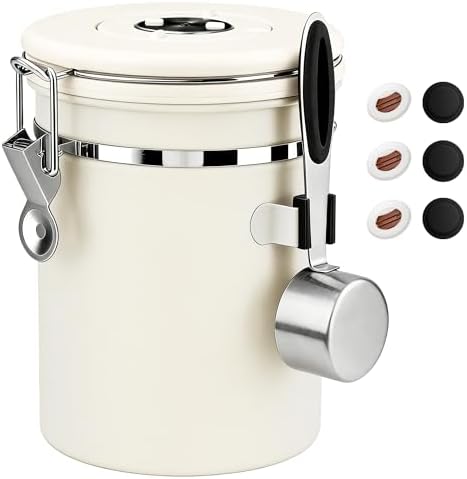 ShanSon Coffee Canister Airtight, Stainless Steel Bean Storage Container with Date Tracker & Scoop, Grounds Sugar Flour Tea Cereal Fits Kitchen Pantry, Ideal Gift for Coffee Lovers,22oz,Beige