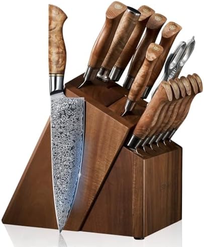 SENKEN 16-Piece Damascus Knife block Set - The Dynasty Collection - Japanese VG10 Damascus Steel with Natural Sycamore Wood Handles, Steak Knives, Scissors, & Sharpening Rod (16-Piece Knife Block Set)