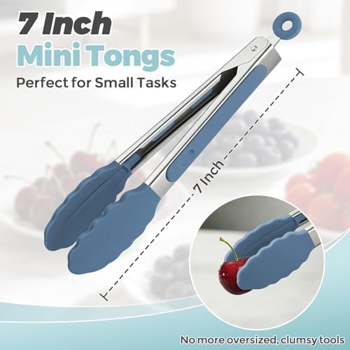 Small Cooking Tongs 7 inch Mini Serving Tongs with Silicone Tips