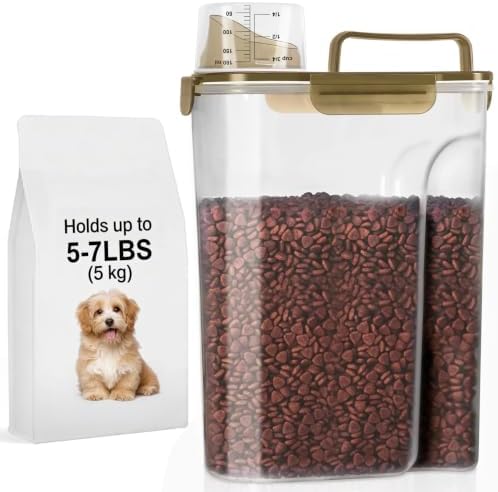 LEAWALK 5-7Lbs Dog Cat Food Storage Container with Upgraded Large Nozzle BPA-free, 4 Snap Seals Plastic Pet Food Storage Containers with Handles (Clear Brown, 5L-1pack)