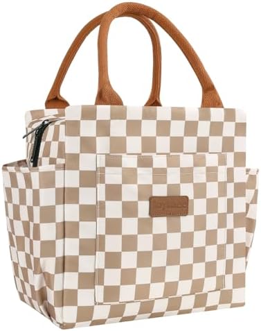 Joymee Lunch Bag Women, Reusable Leakproof Cooler Tote - Checker Brown