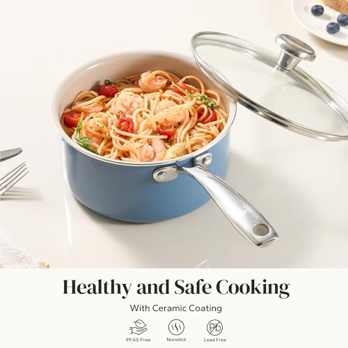 Redchef Nonstick Ceramic Sauce Pan with Lid, 1.8QT Small Cooking Pot with Stay-Cool Handle, Kitchen Non Toxic Soup Pot, PTFE & PFOA Free, Oven & Dishwasher Safe, Compatible with All Stovetops-Blue