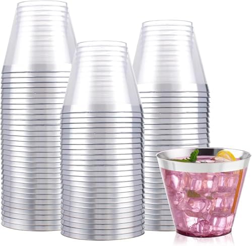 I00000 100PCS Silver Plastic Cups, 9 OZ Disposable Clear Plastic Cups