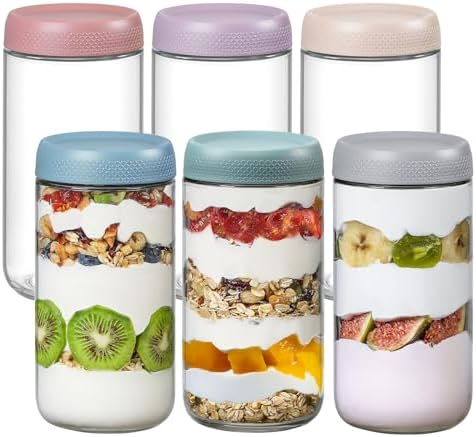 NETANY 6-pack 24oz Glass jars with Airtight Lids, Overnight Oats Containers with Lids, Wide mouth Mason Salad jars, Glass Food Storage Containers for Snacks Yogurt Spice Sugar