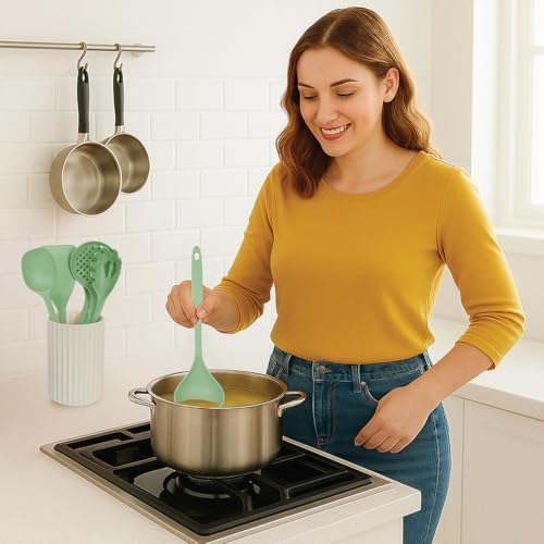 Glad Kitchen Utensils Set, 8pcs - Nonstick Cooking Tools with Utensil Holder - Nylon Spoon, Ladle, Skimmer, Spaghetti Server, and Turner Spatula Set - Dishwasher Safe, Teal Green