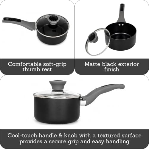 MIRRO 1 Qt Get a Grip 2.0 Aluminum Black Ceramic Saucepan with Glass Lid