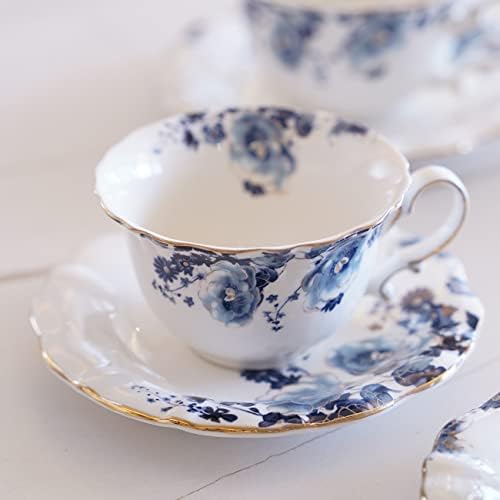 Ceramic Tea Cups Coffee Cup and Saucers Set of 4 (Blue and White)