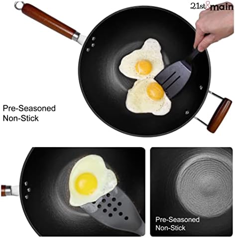 21st & Main Light weight Cast Iron Wok, Stir Fry Pan, Wooden Handle, 14 Inch, chef’s pan, pre-seasoned nonstick, commercial and household, for Chinese Japanese and others Cooking