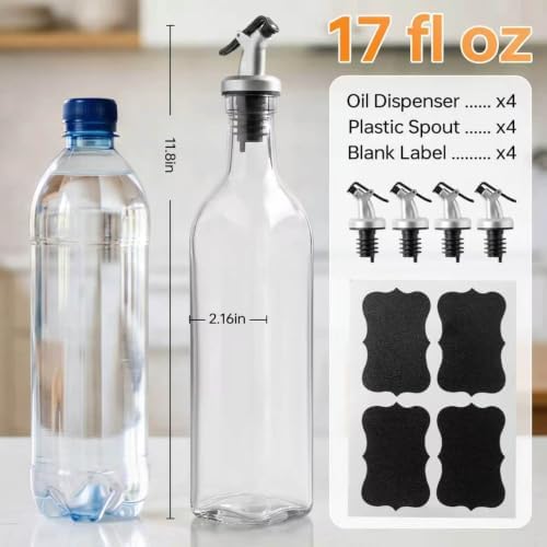 4 Pack 17 oz (500ml) Clear Glass Oil & Vinegar Dispenser Bottles, Leakproof Set with 4 Pour Spouts & 4 Labels, Kitchen Tools for Salad, BBQ, Air Fryer Cooking