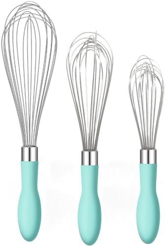 Rainspire 9" 10" 12" Wire Whisk Stainless Steel, Balloon Whisks for Cooking, Wisk Wisking Tool With Soft Silicone Handle, Thick Durable Whisker for Blending, Beating, Whisking, Stirring, Mint Green