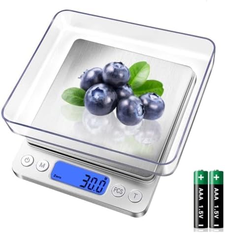 Digital Food Kitchen Scale, 3000g/0.1g High Accuracy Mini Pocket Scale Measures in Grams and oz for Cooking, Baking, Jewelry, Tare Function,2 Trays, LCD Display (Batteries Included)