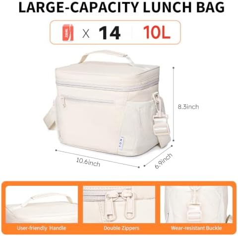 NOL Insulated Lunch Bag for Women Men Adults, Reusable Lunch Tote with Adjustable Shoulder Strap, Leakproof Thermal Food Cooler Bag with Front Pocket and Side Mesh Pockets for Work Travel, Cream