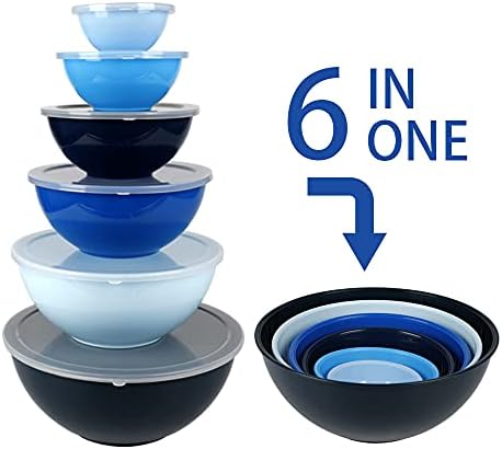 BoxedHome BPA Free Plastic Round Mixing Bowl with Lids, 12 Pack Nesting Bowls with Lids Set, Microwave and Dishwasher Safe Prep & Serving Bowls Great for Mixing, Baking, Serving (Blue, 12pcs)