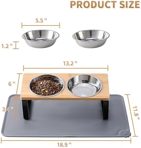 Upgraded Elevated Cat Bowls with Food Mat,15°Tilted Stand Anti Vomiting Raised Cat Dishes for Food and Water,2 Stainless Steel Bowls for Cats and Puppy