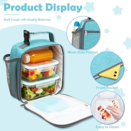 FlowFly Kids Lunch box Insulated Soft Bag Mini Cooler Back to School Thermal Meal Tote Kit for Girls, Boys, Sea Blue