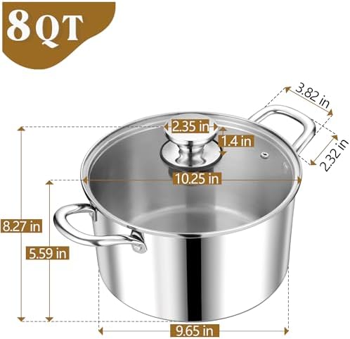 P&P CHEF 8 Quart Tri-Ply Stainless Steel Stock Pot, Cooking Pot with Lid