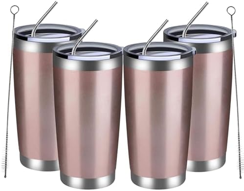MEWAY 20oz Tumbler 4 Pack Double Wall Vacuum Insulated Travel Mug Bulk, Stainless Steel Tumblers with Lid and Straw, Durable Powder Coated Coffee Cups for Cold & Hot Drinks (Rose Gold, 4)