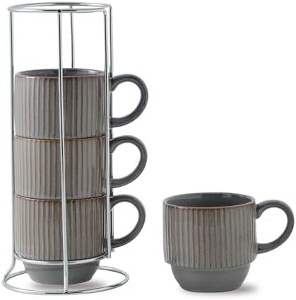 Hasense Porcelain Coffee Mugs, 12 oz Stackable Coffee Cups Ceramic with Steel Rack, Modern Ribbed Latte Cup Sets for Cappuccino, Tea, Espresso, Hot Cocoa, Drinks - Dishwasher & Microwave Safe, Brown