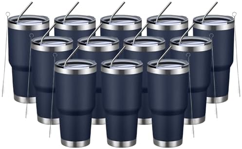 MEWAY 30oz Insulated Tumbler With Lids and Straws,Stainless Steel Double Vacuum Coffee Tumbler Cup, Brush, Durable Powder Coated Coffee Cup for Cold & Hot Drinks, Office, Travel(Navy,12 PACK)