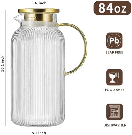 Buaic Glass Pitcher with Lid, 84 oz/ 2.5L Clear Glass Water Pitcher