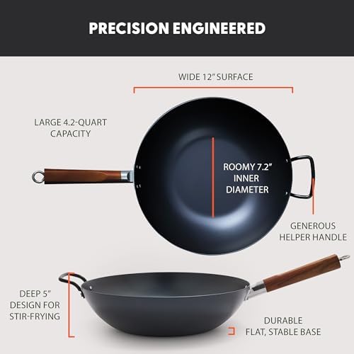 GreenPan Carbon Steel Wok 12”, Flat Bottom, Durable Stir-Fry Pan, Pre-Seasoned Nonstick Patina, High Heat Retention, Induction, Ash Wood Handle, Kyoto, Black