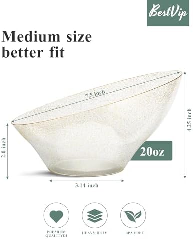 BESTVIP 20 Oz Clear with Gold Glitter Plastic Angled Serving Bowls, 12 Pack