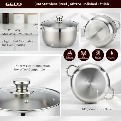 GEDO Stainless Steel Stock Pot with Glass Lid, 304 Grade Premium Soup Pot, Silver, Double Handle, for Kitchen Cooking (7.86in/20cm size)