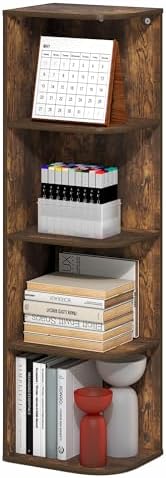 Furinno PASIR Book Shelf, 4-Tier Corner Bookshelf with Open Shelf, Standing Bookcase, 9.3 x 12 x 41.4, for Organization and Storage, for Living Room, Bedroom, Home Office, Amber Pine