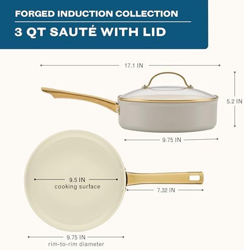 Farberware Forged Induction Ceramic Nonstick Saute Pan/Jumbo Cooker with Lid, Dishwasher Safe, Gold Color Stainless Steel Handle, 3 Quart Sauteuse Pan - Taupe