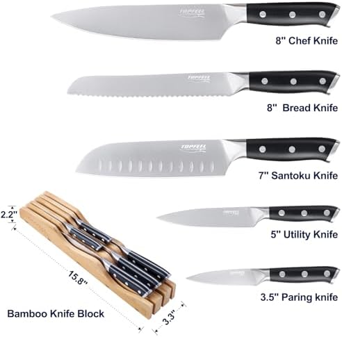 Topfeel 6PCS Kitchen Knife Set with In-Drawer Bamboo Knife Block
