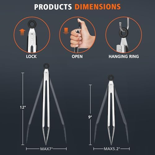 Hotec Stainless Steel Locking Kitchen Tongs for Cooking & Serving, Set of 2