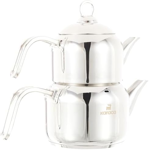 Karaca Manes Mini Turkish Teapot Set - Stainless Steel Teapot with Lid - (Turkish Tea Pot 0,85 Liters & Water Tank 1,25 Liters) - Non-Burning Bakelite Handles Midi Tea Maker & Induction Kettle