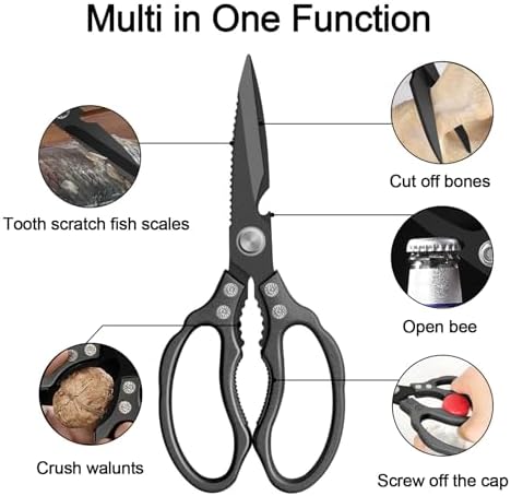 CGBE Kitchen Scissors, Multi-Purpose Kitchen Shears, Heavy Duty Dishwasher Safe Food Scissors for Chicken, Poultry, Fish, Meat & Herbs with Non-Slip Grips - ALL Black