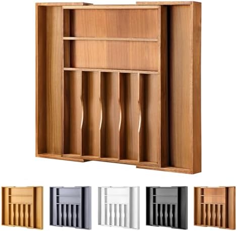 Large Premium Acacia Silverware Organizer - Expandable Drawer Organizer & Utensil Organizer - 17"x19.7" Cutlery Tray with Dividers for Kitchen Utensils and Flatware (7-9 Slots) Acacia