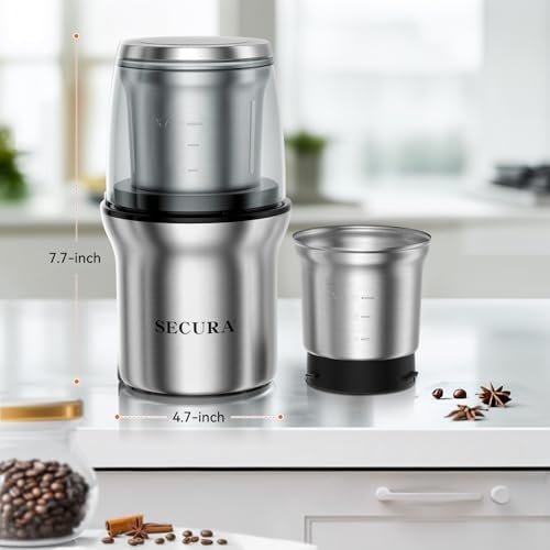 Secura Electric Coffee and Spice Grinder, 1 Removable Bowls, Stainless (Pack of 2)