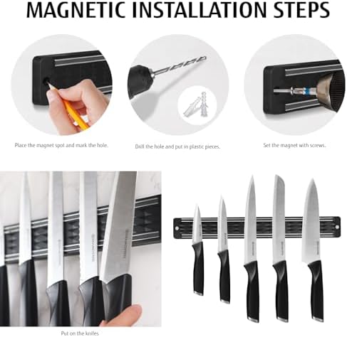 Black Knife Set with Magnetic Strip for Wall,6-Piece