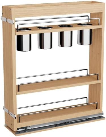 DINDON Pull Out Spice Rack Cabinet Organizer, (5" W x 21.9" D x 25.2" H) Multi-Use Soild Wood Pull Out Cabinet Organizer With 4 Movable Stainless Steel Cutlery Storage Buckets for Kitchen Organization