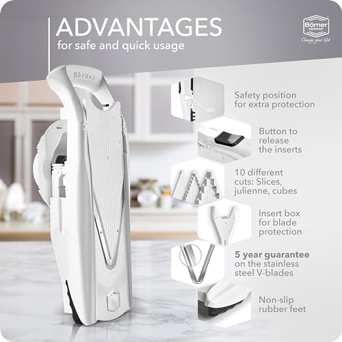 Börner Mandoline Slicer V5 (Starter Set) • Vegetable V-Slicer for Slices, Sticks & Dices in Various Sizes • With Stainless Steel V-Blade • Adjustable Kitchen Slicer • Color: White
