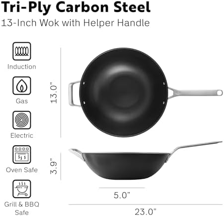 13 Inch Tri Ply Carbon Steel Wok Pan - Naturally Nonstick, Nitrided Carbon Steel - Lightweight, Non Toxic Cookware, No Coatings - Induction Wok, Oven, Outdoor Grill Cooking
