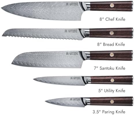 Yatoshi Knives Magnetic Kitchen Knife Block Set 6 Pcs- Japanese Damascus 67 Layer High-Grade VG-10 Steel Knives, Professional Kitchen Knife Set, Espresso Brown Pakkawood Handles