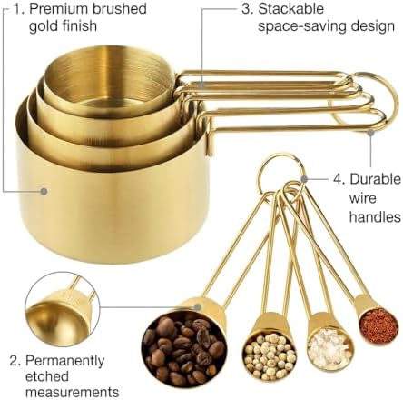 Measuring Cups and Spoons Set, 8-Piece Professional Stainless Steel Measuring Cups and Measuring Spoons Set with Luxurious Gold Finish, Heavy-Duty Metal Measuring Cups for Baking